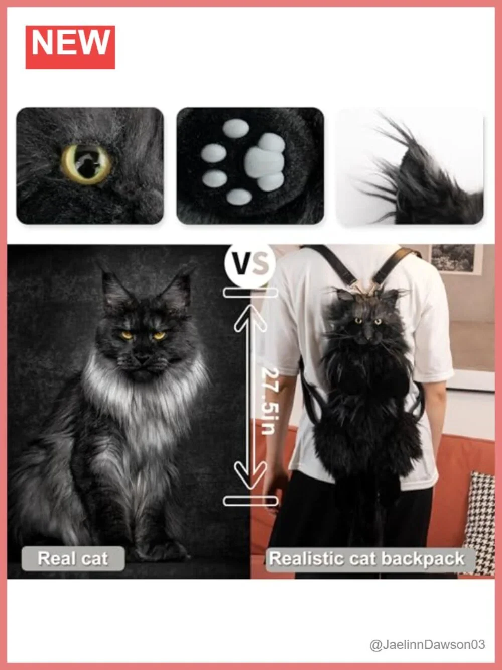 Realistic Handmade Plush Cat Shaped Backpack, Soft Stuffed Animal Bag,